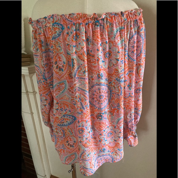 TALBOTS Women pink paisley off the shoulder Top. - Picture 2 of 8